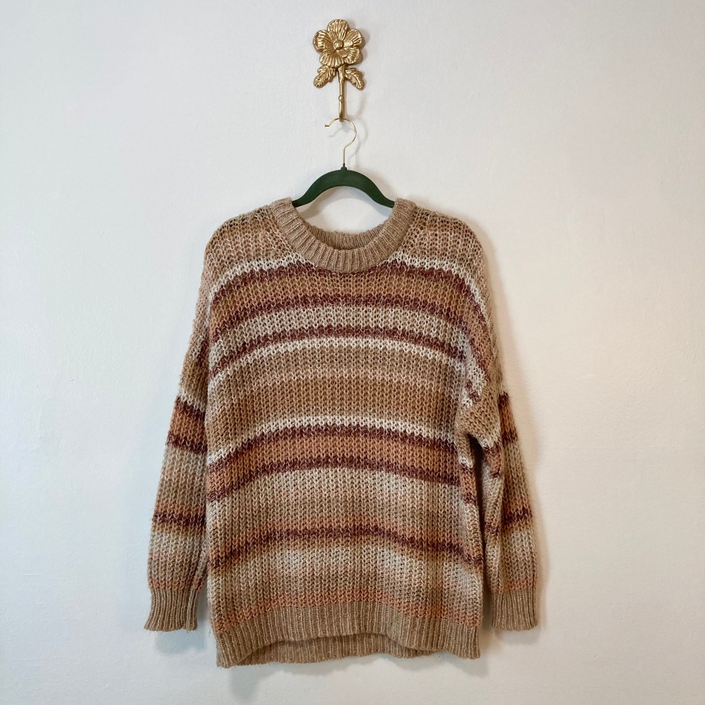 American Eagle Brown Pink Striped Open Knit Oversized Sweater S Boho Cozy Earthy